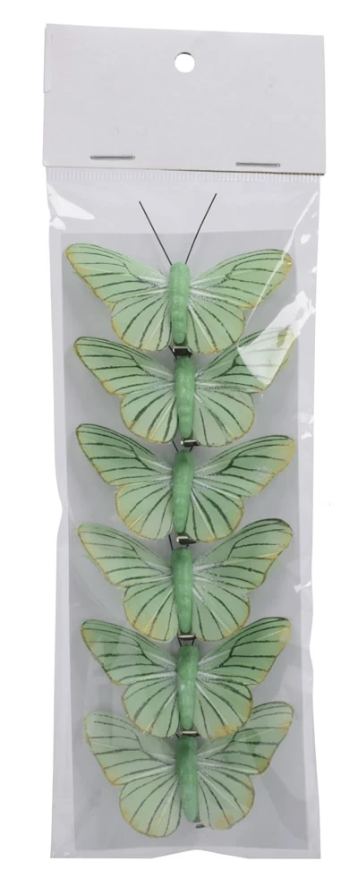Decoratie vlinder op clip groen 6,5 cm (6 stuks)