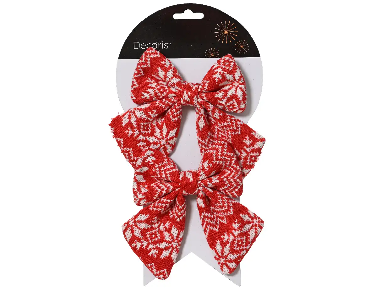 Decoratie strik snowflakes rood 13 cm (set per 2 stuks)