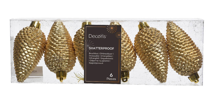 Kunststof dennenappels glitter goud 8 cm (6 stuks)