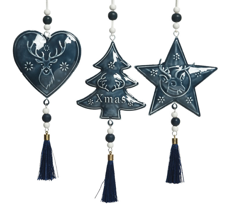 Decoratie hangers blauw met tassel (3 stuks)