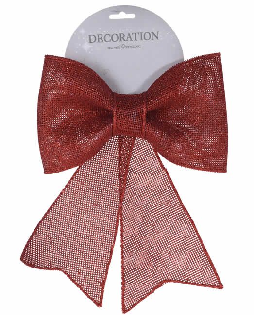 Decoratie strik glitter rood 24 cm (per stuk)