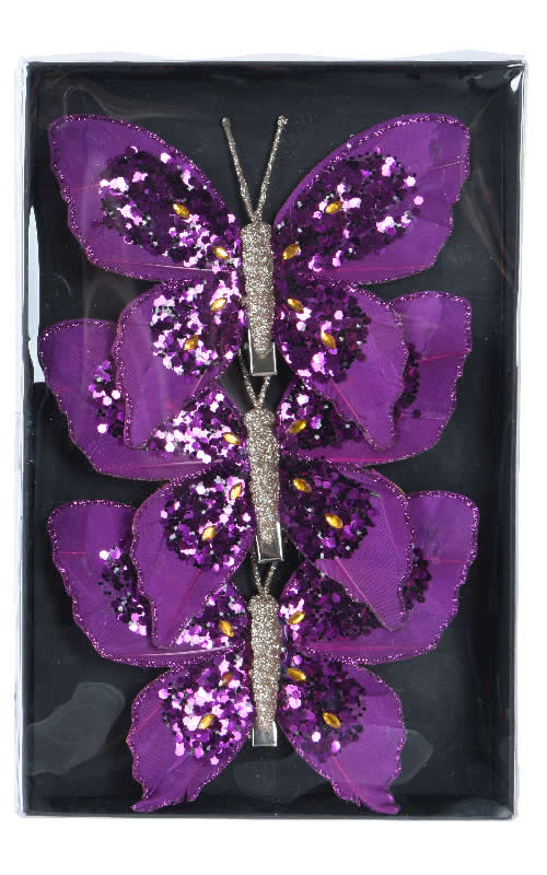 Decoratie vlinders op clip paars 12 cm (3 stuks)