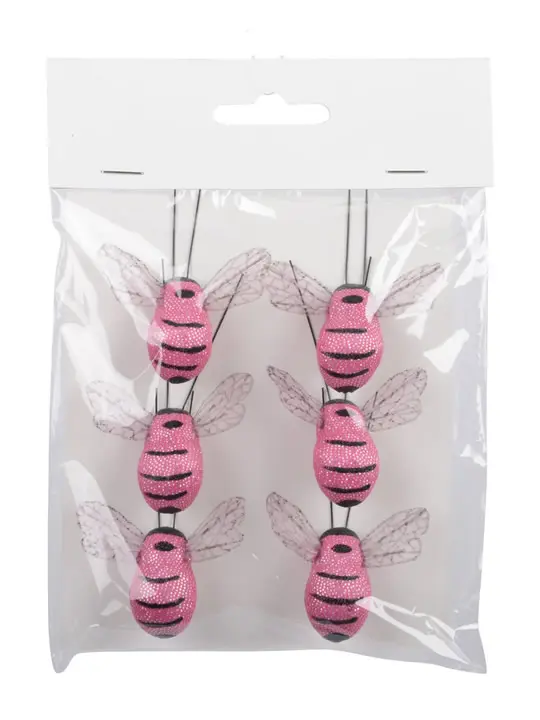 Decoratie bijen op clip roze 5 cm (6 stuks)
