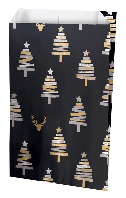 Papieren zakjes kerst zwart 18 x 35 + 6 cm (150 stuks)
