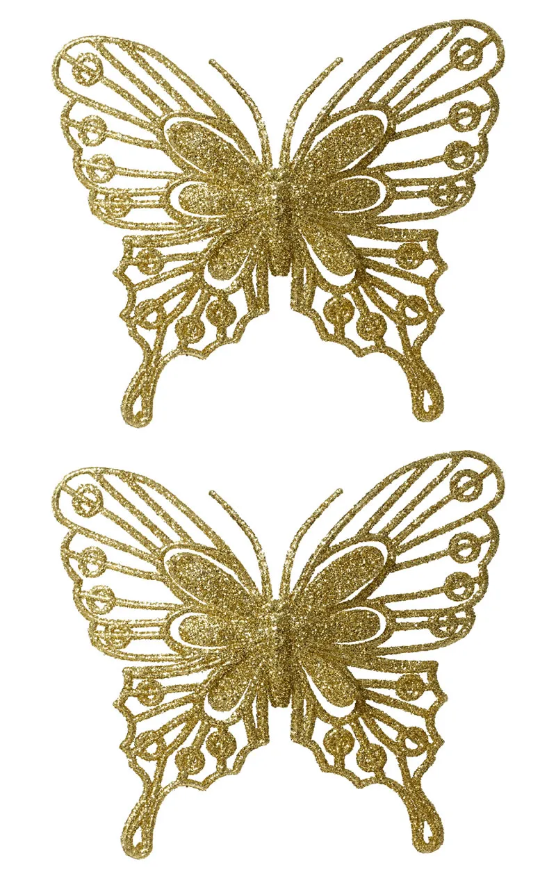 Decoratie vlinders op clip glitter goud 13 cm (2 stuks) Decoratie vlinders op clip glitter goud 13 cm (2 stuks)
