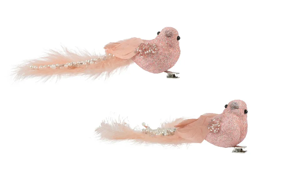 Decoratie vogels met parels roze 15 cm (2 stuks)