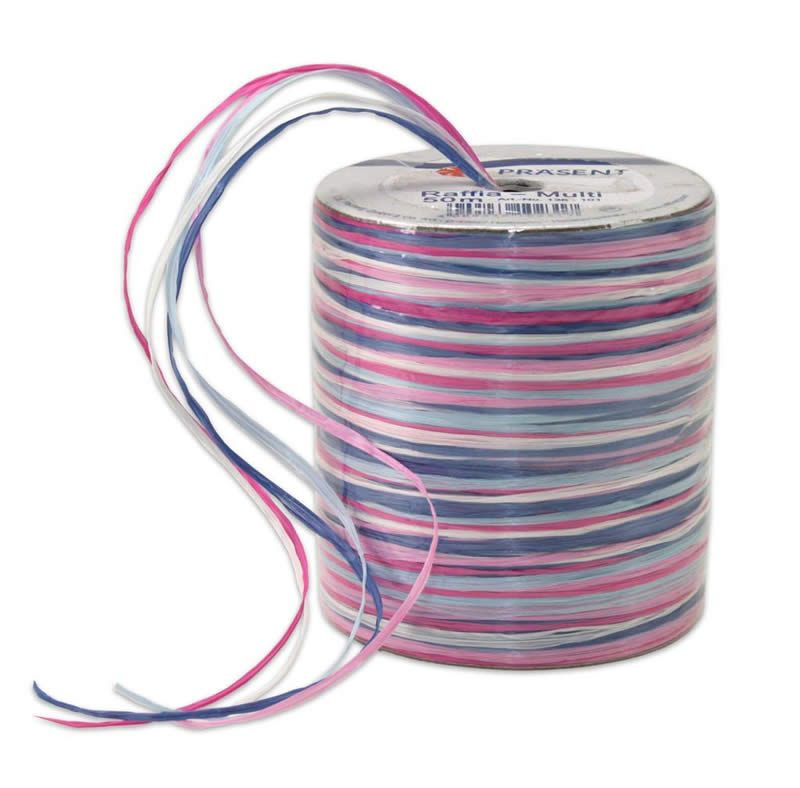 Raffia multicolour roze blauw wit (50 meter)