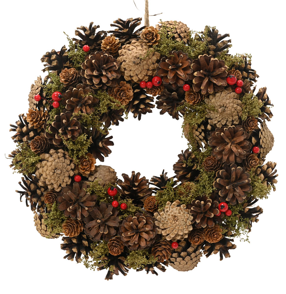 Kerstkrans dennenappels en rode besjes 35 cm (per stuk)