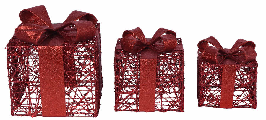 Decoratie cadeautjes glitter rood (set van 3)