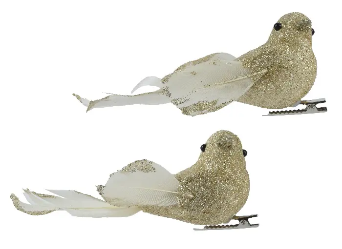 Decoratie vogels glitter goud 11 cm (2 stuks)