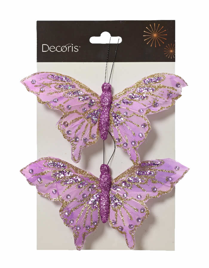 Decoratie vlinders op clip lila 15,5 cm (2 stuks)