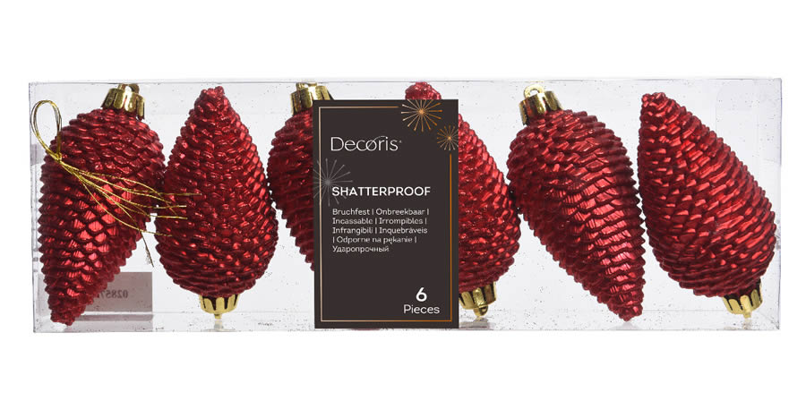 Kunststof dennenappels glitter rood 8 cm (6 stuks)