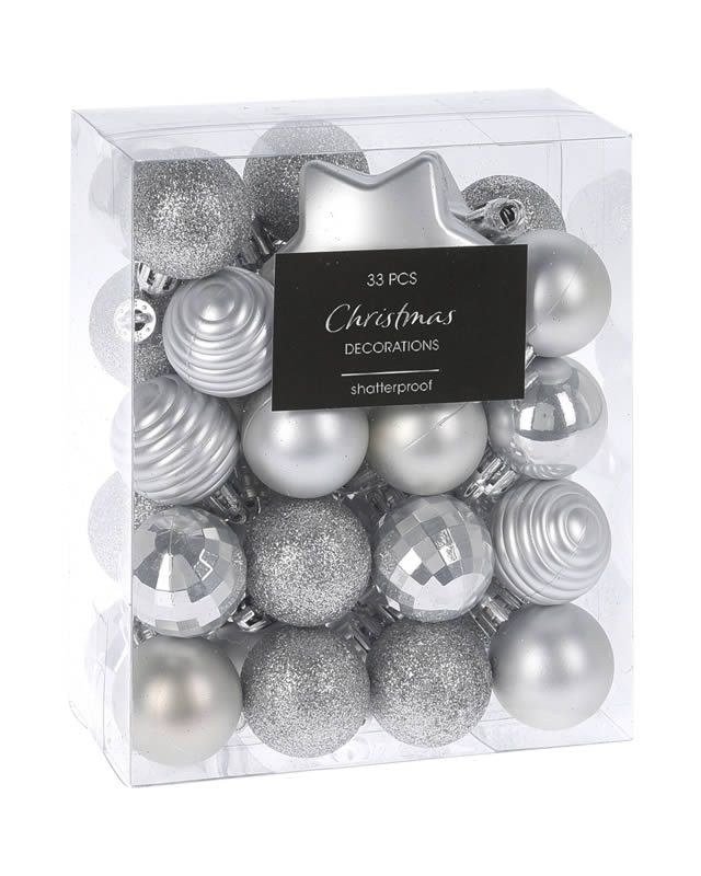 Kerstballen zilver 3 cm met ster (set 33 stuks)