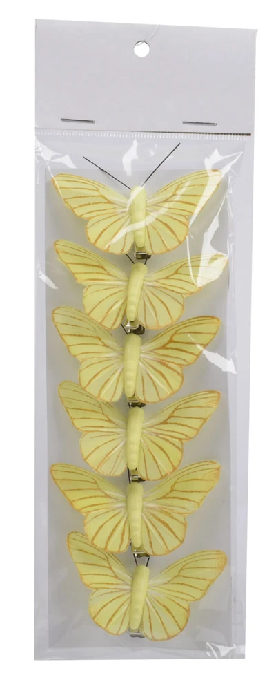 Decoratie vlinder op clip geel 6,5 cm (6 stuks)