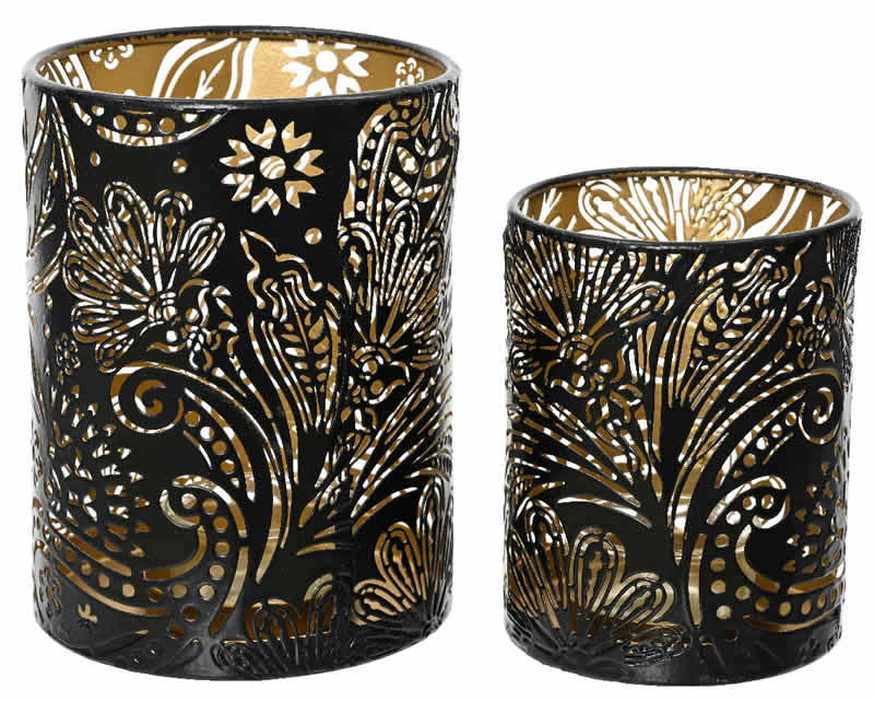 Waxinelichthouder bloemen metaal zwart (set van 2)