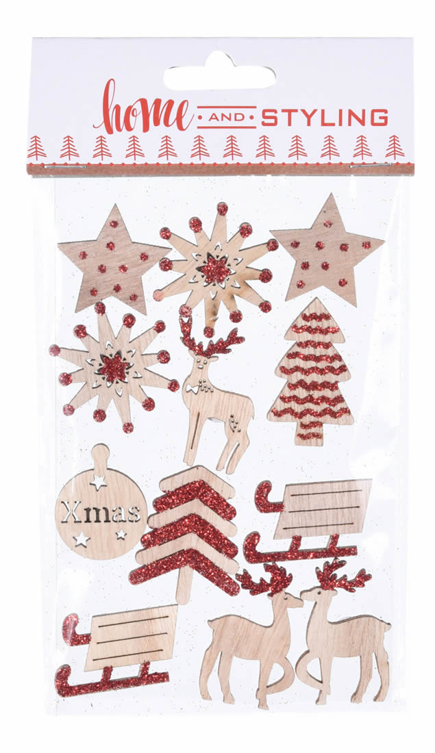Houten plakdecoratie kerstmis met glitters (12 stuks)