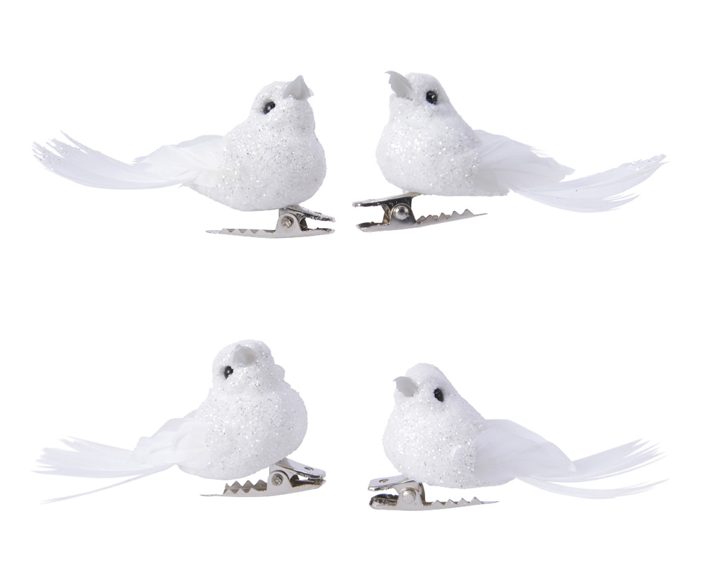 Decoratie vogeltjes op clip wit 5 cm (4 stuks)
