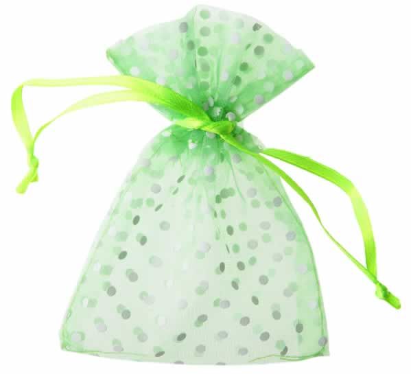 Organza zakjes limegroen stippen 10 x 7,5 cm (10 stuks)