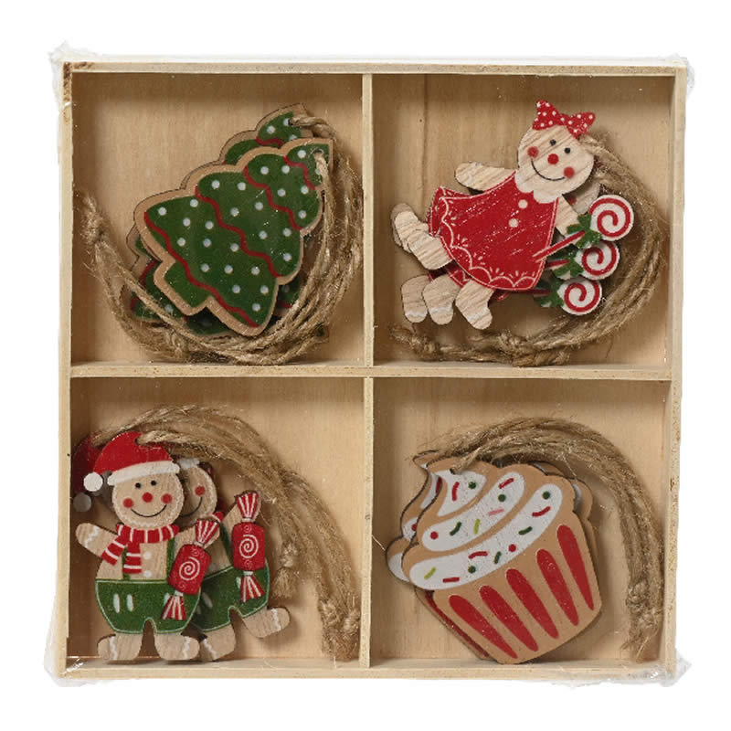 Houten hangers kerstboom en cupcake 5 cm (12 stuks) 