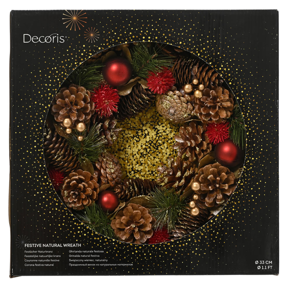 Kerstkrans dennenappels en kerstballen rood 33 cm (per stuk) Kerstkrans dennenappels en kerstballen rood 33 cm (per stuk)