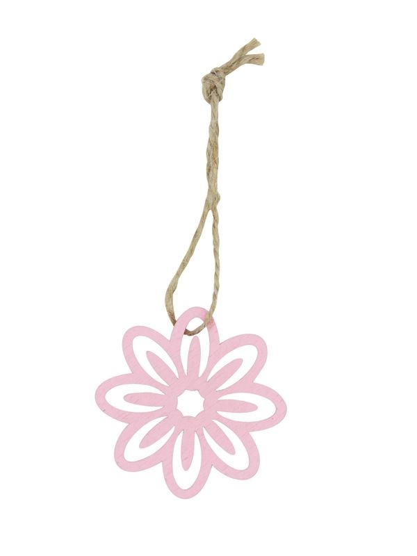 Houten hanger bloem met touwtje roze 5 cm (24 stuks)