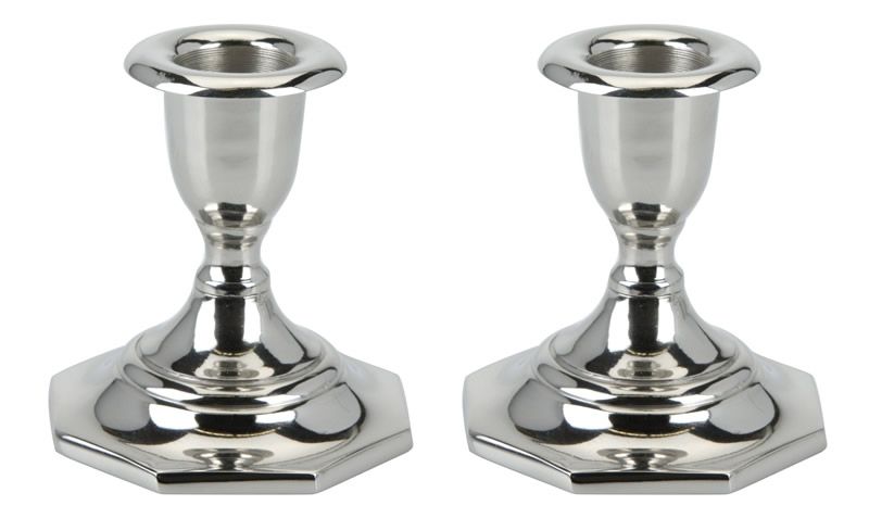 Kandelaar metallic zilver achthoek 8,5 cm (set 2 stuks)