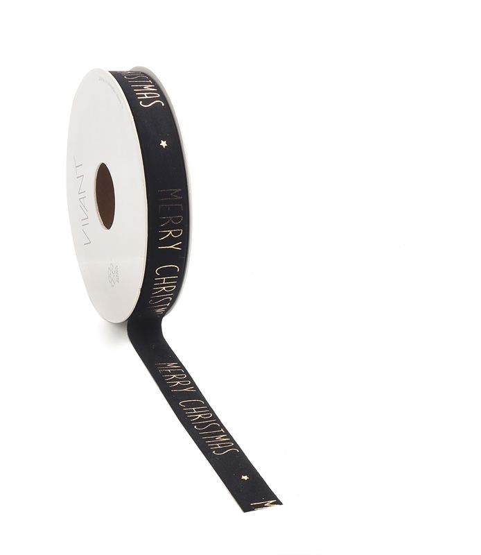 Cadeaulint merry christmas velvet zwart 15 mm (5 meter)