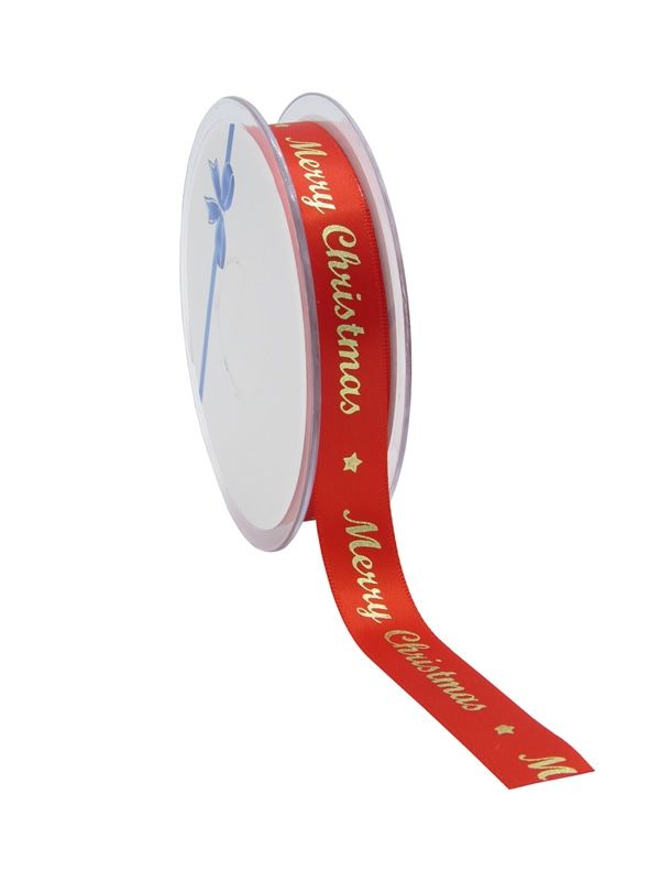 Cadeaulint Merry Christmas rood 15 mm (25 meter)