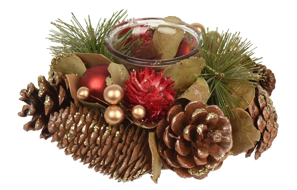 Waxinelichthouder dennentakken en kerstballen rood 16 cm (per stuk)