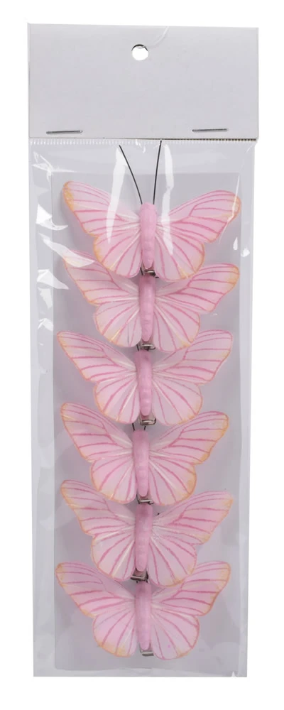 Decoratie vlinder op clip roze 6,5 cm (6 stuks)