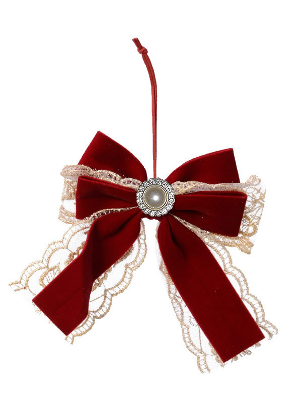 Decoratie strik velvet met kant rood 13 cm (1 stuk) 