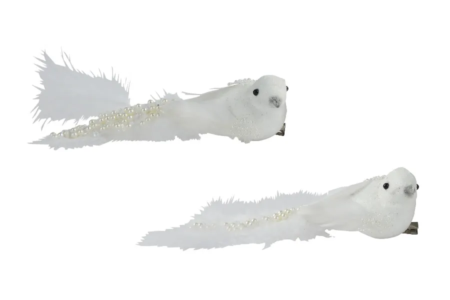 Decoratie vogels met parels wit 15 cm (2 stuks)
