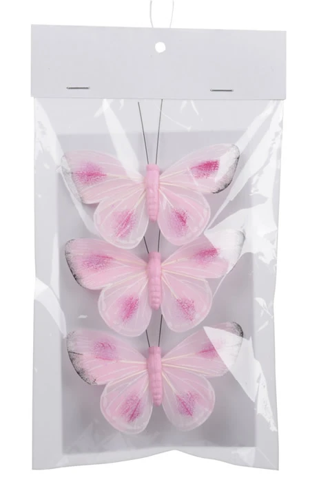 Decoratie vlinder op clip roze 9,5 cm (3 stuks)