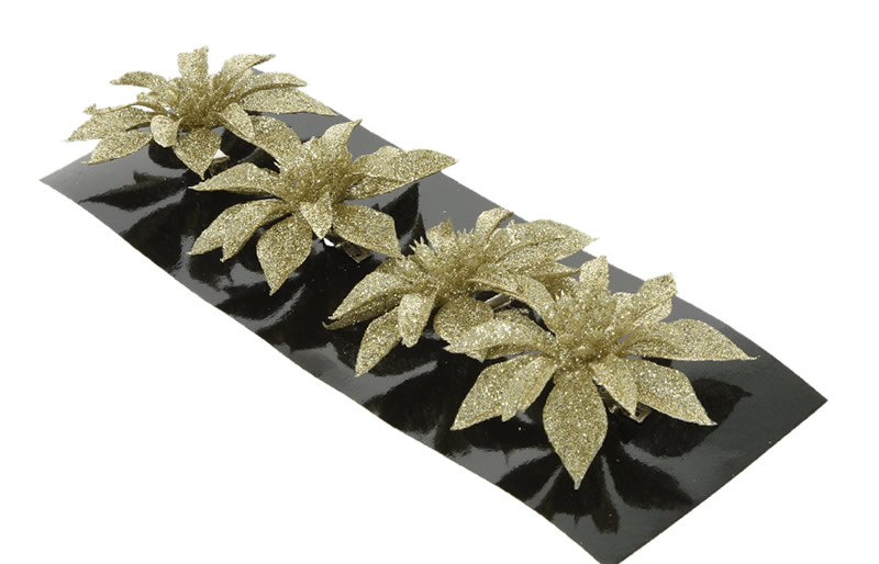 Decoratie bloemen kerstster met clip goud 8 cm (4 stuks)