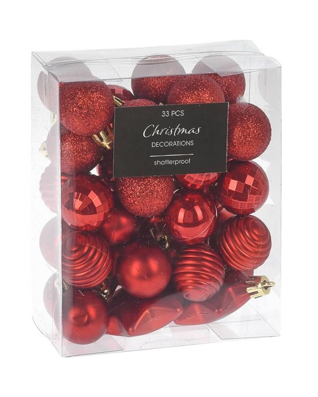 Kerstballen rood 3 cm met ster (set 33 stuks)