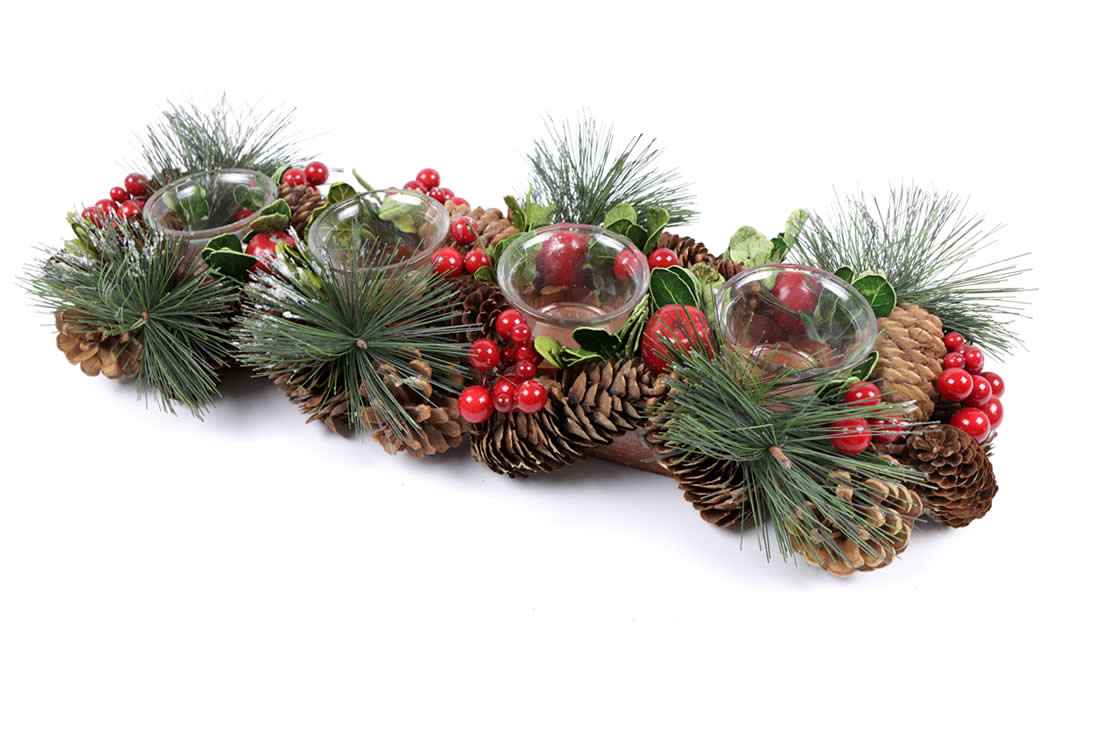 Waxinelichthouder kerstdecoratie kersttakken en besjes 47 cm (1 stuk)