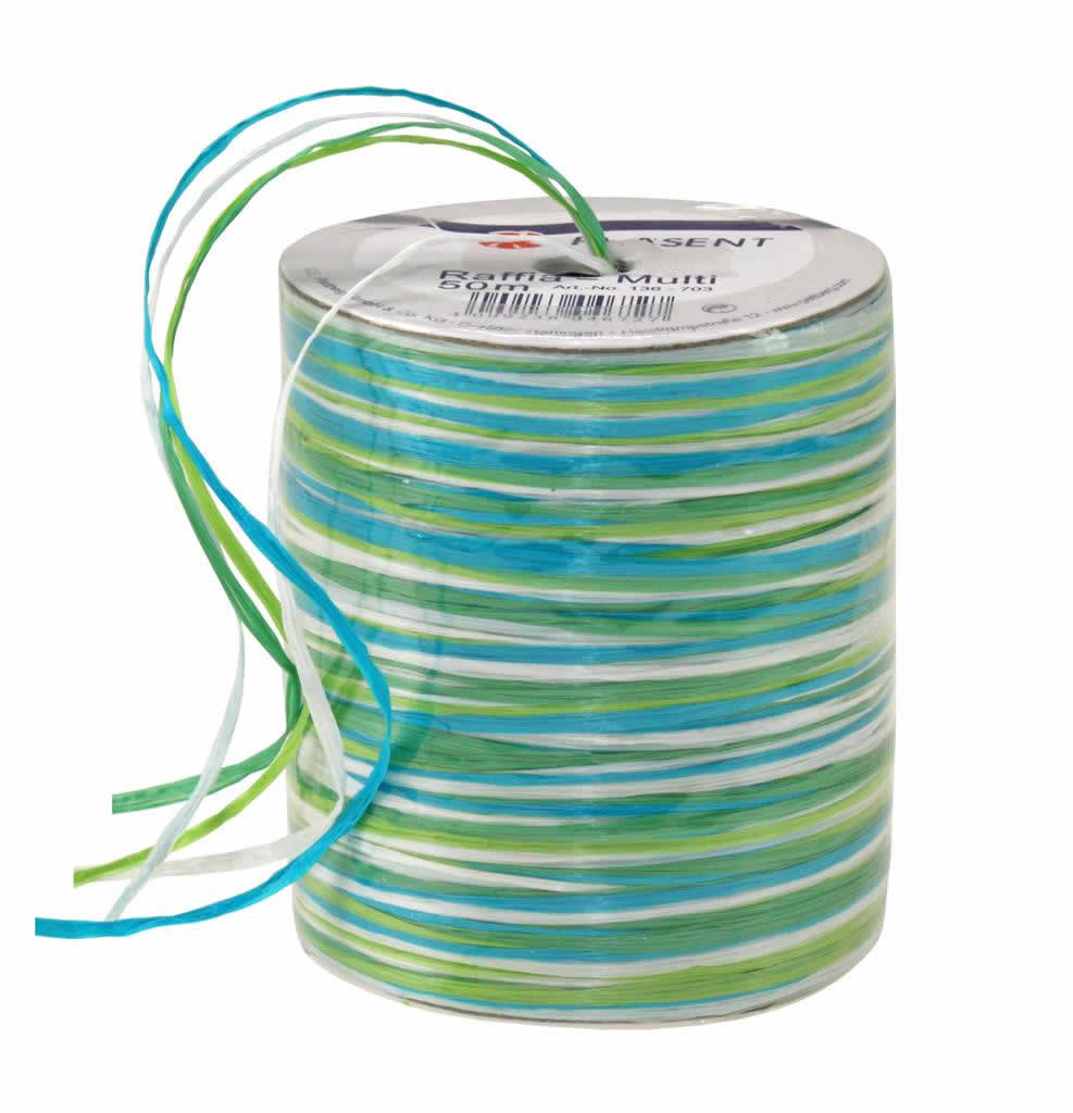 Raffia multicolour blauw groen wit (50 meter)