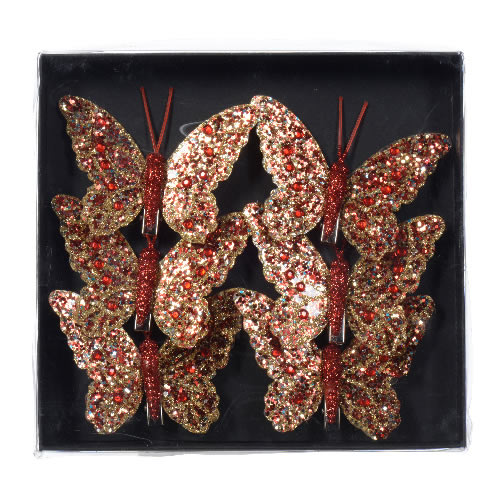 Decoratie vlinders op clip rood/goud 8 cm (6 stuks)