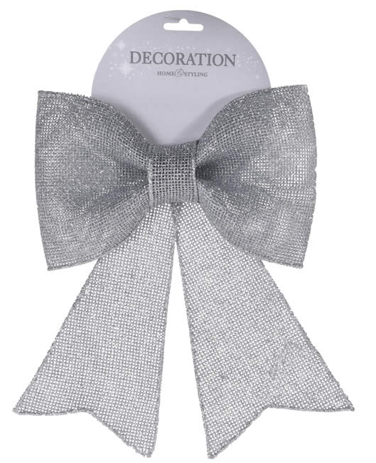 Decoratie strik glitter zilver 24 cm (per stuk)