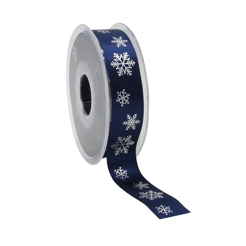 Satijnlint snowflakes donkerblauw 23 mm (25 meter)