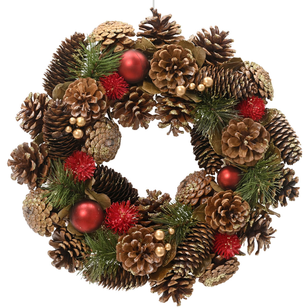 Kerstkrans dennenappels en kerstballen rood 33 cm (per stuk)
