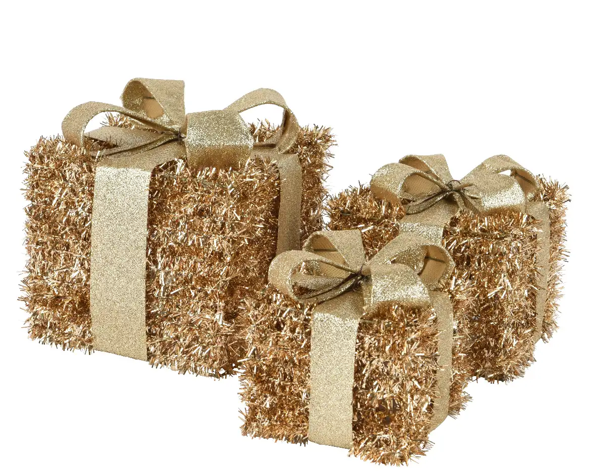 Decoratie cadeautjes goud lametta (set van 3) Decoratie cadeautjes goud lametta (set van 3)