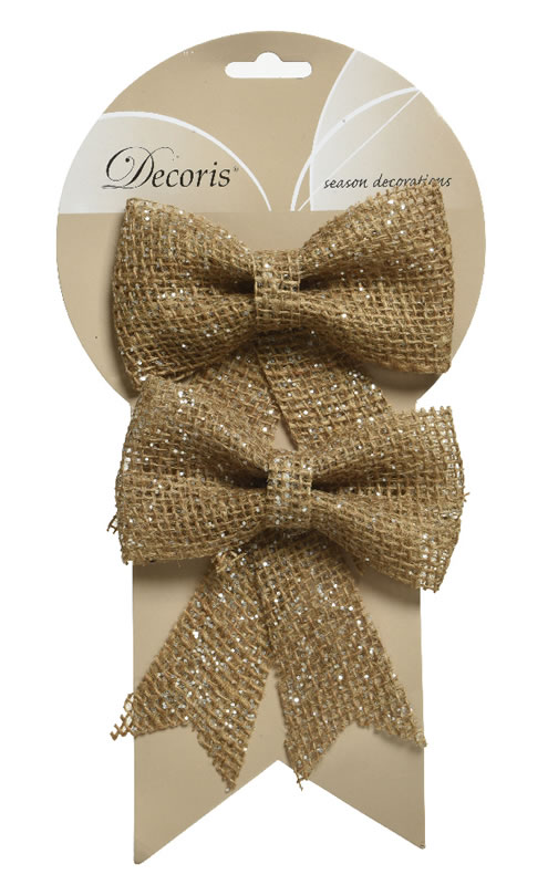 Decoratie strikken jute met glitters 13 cm (2 stuks)