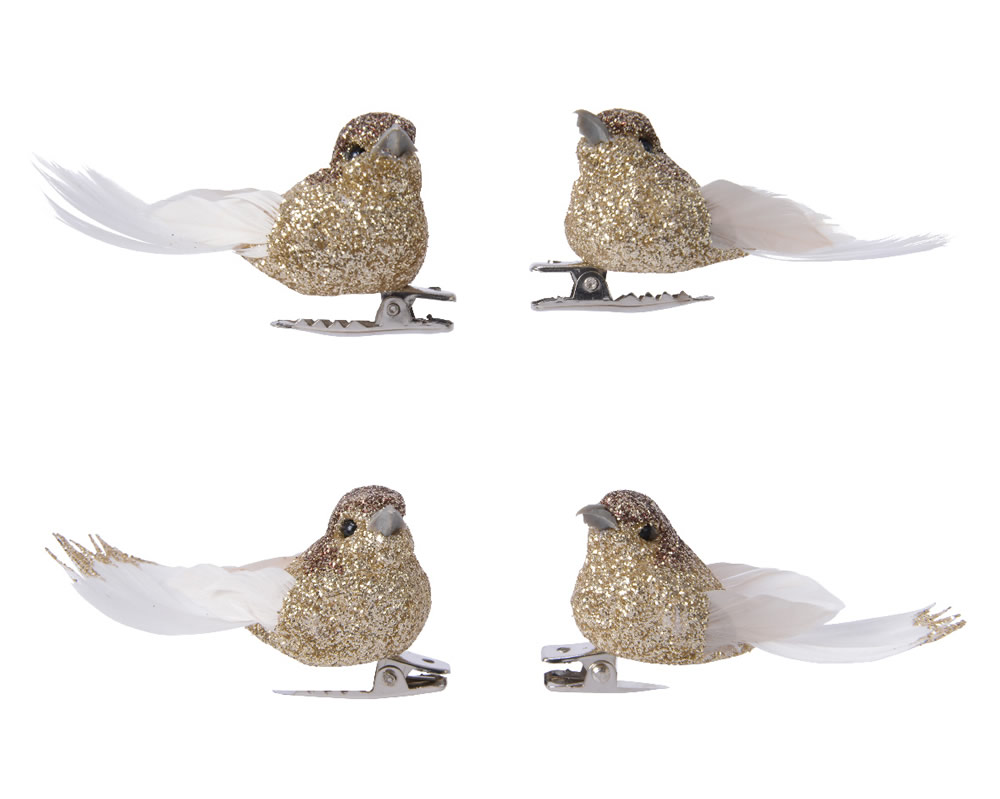 Decoratie vogeltjes op clip goud 5 cm (4 stuks)