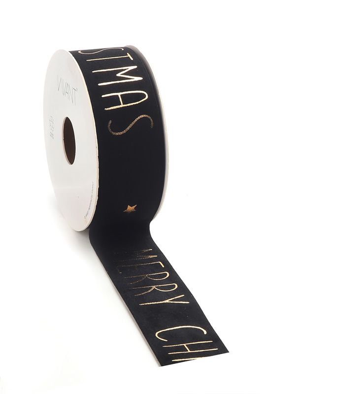 Cadeaulint merry christmas velvet zwart 40 mm (5 meter)