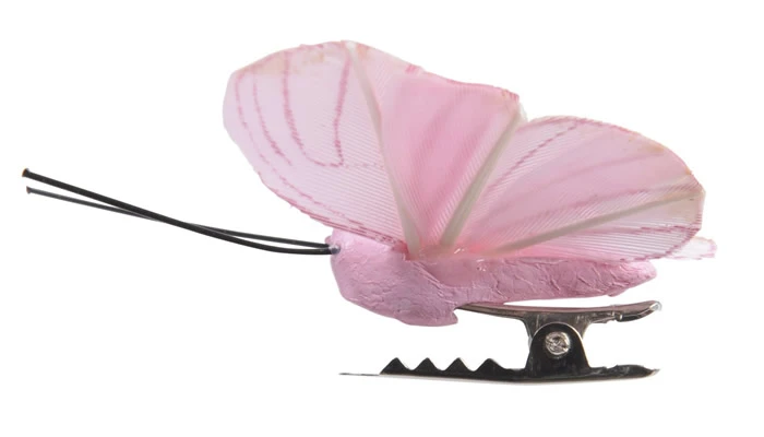 Decoratie vlinder op clip roze 6,5 cm (6 stuks)