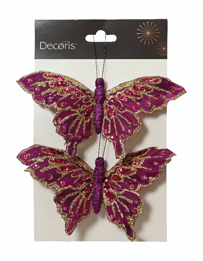 Decoratie vlinders op clip fuchsia 15,5 cm (2 stuks)