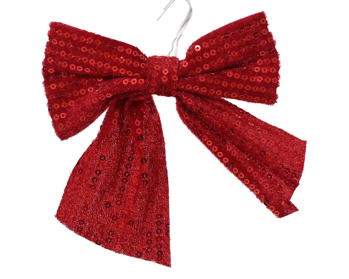 Decoratie strik velvet pailletten rood 12 cm (2 stuks)