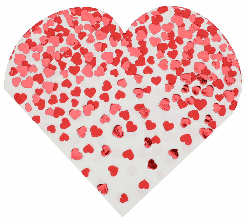 Servetten hart wit metallic hartjes rood 16,5 cm (10 stuks)