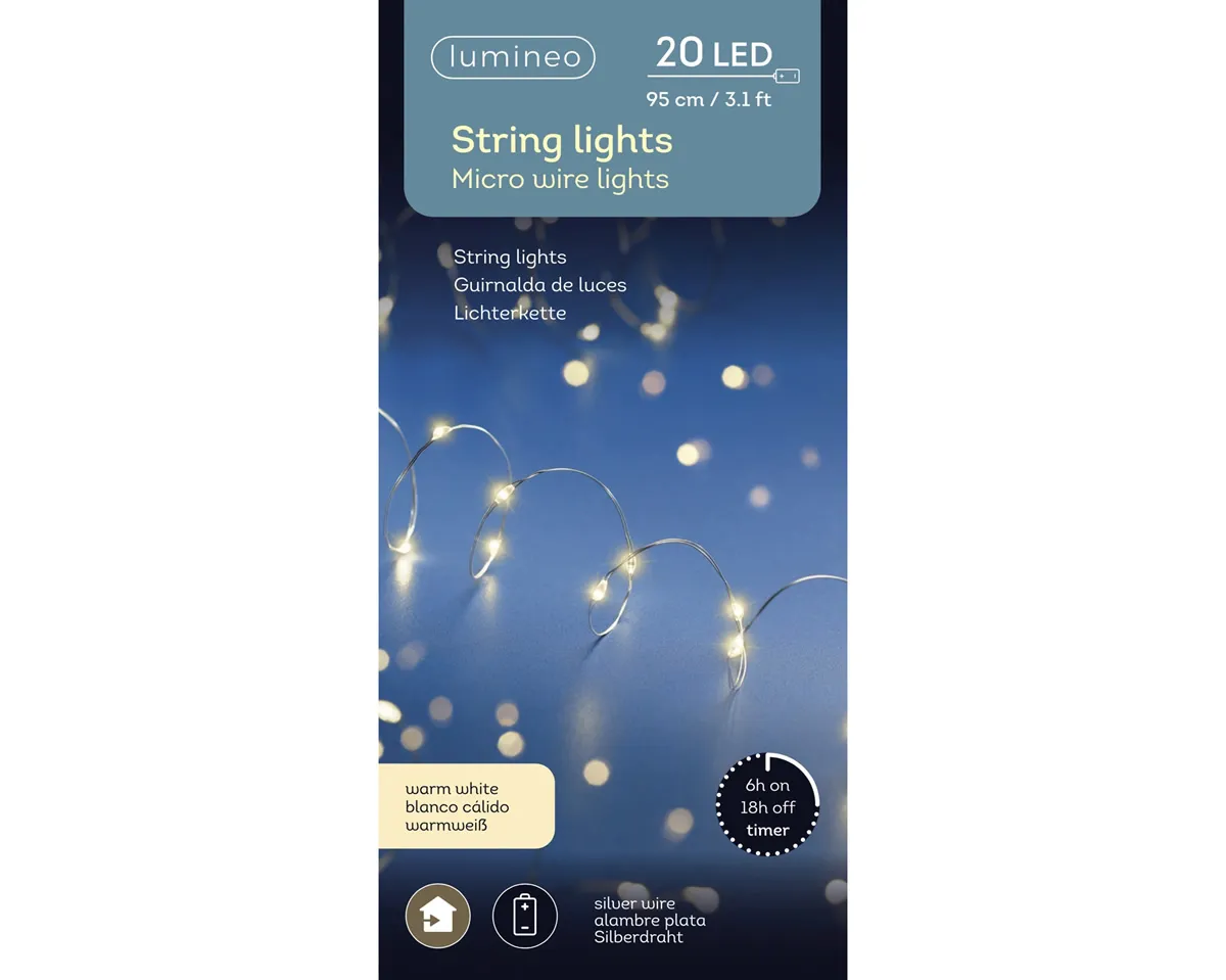 Kerstverlichting warm wit 20 LED zilverdraad (95 cm)